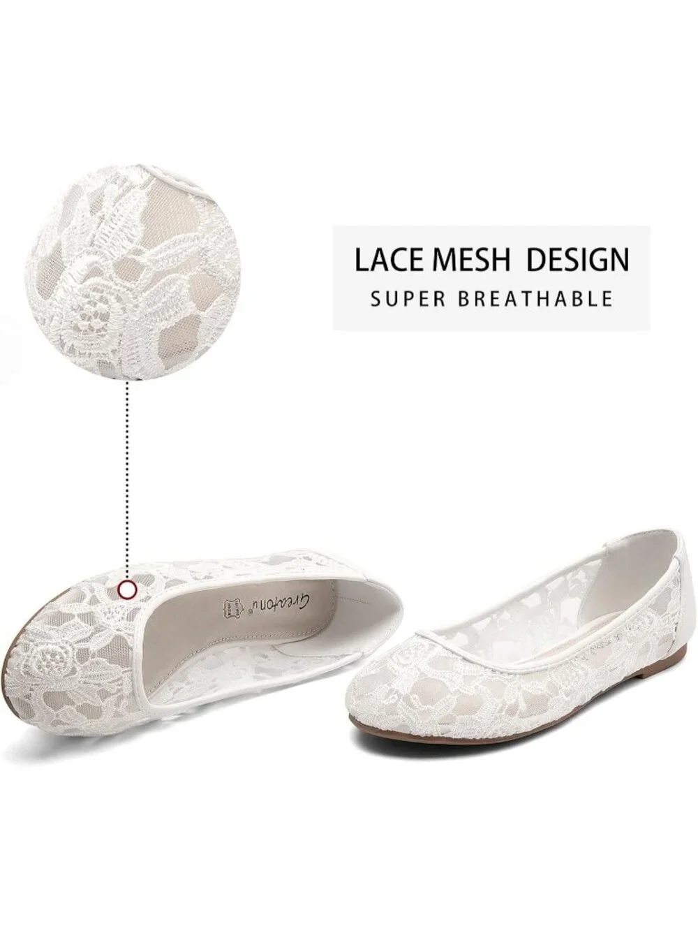 Women's White Lace Ballerina Flats Round Toe Slip on Floral Casual Dressy Shoes